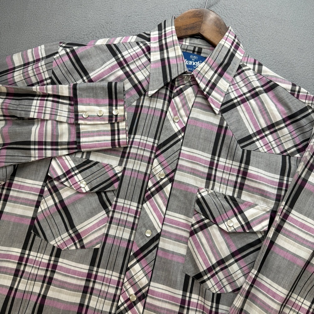 Vintage Wrangler Western Shirts Shirt Mens M Grey/Purple Plaid Pearl Snap Cowboy